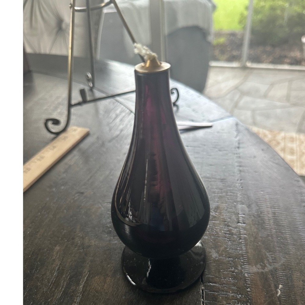 Hand Blown Amethyst Purple Glass Oil Lamp Made in Poland Teardrop Footed 7" EUC